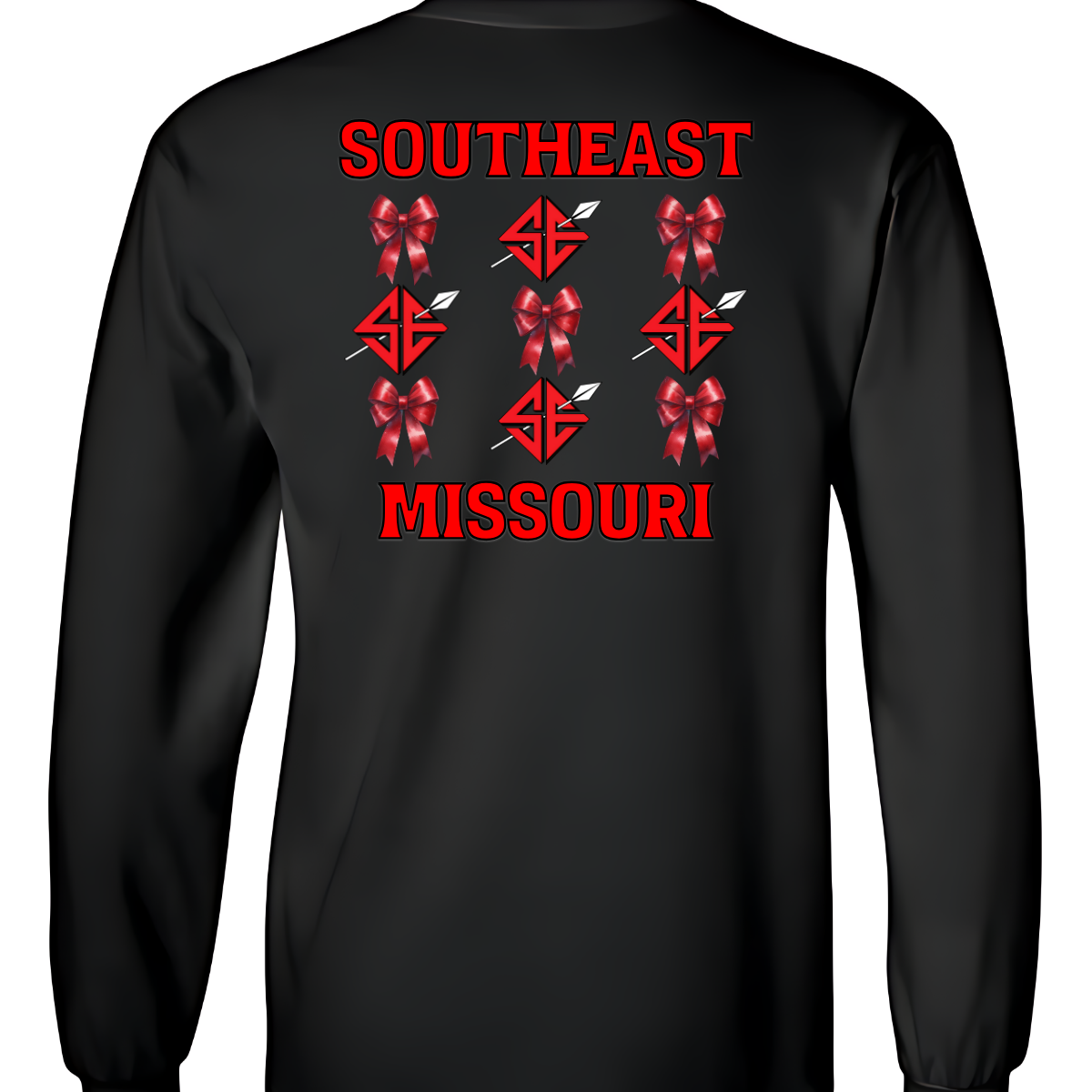 Show off your collegiate pride with our SEMO Sagamore Bow! With a grid pattern of red croquette bows and the SE spear logo, the word "southeast" displayed on the top and "missouri" on the bottom, this shirt is perfect for any SEMO fan. The front pocket design features a matching red croquette bow. Available in short or long sleeve options. Shop at Gorgeousware.com