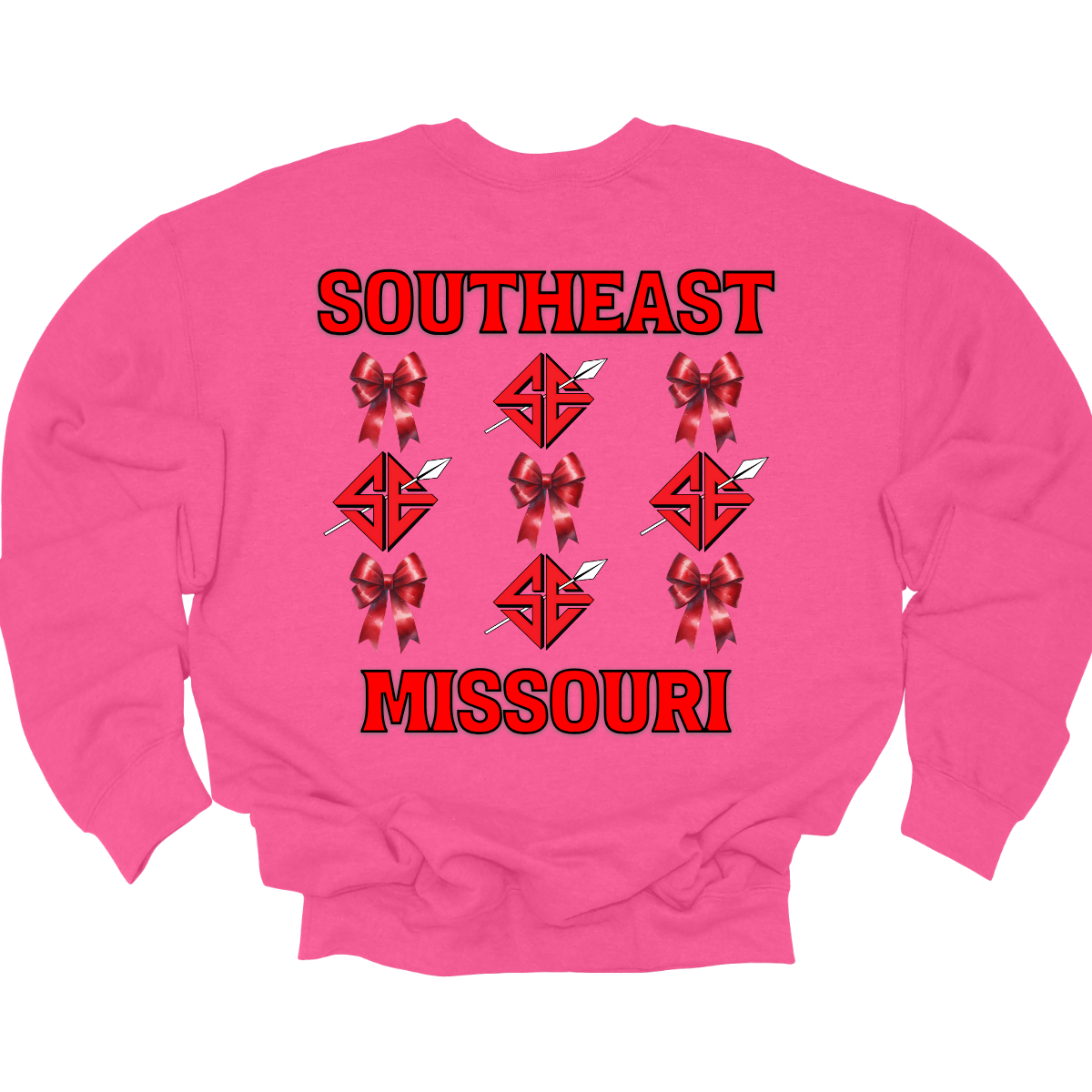 **The front will have a bow on the left chest pocket area.
Show off your collegiate pride with our SEMO Sagamore Bow! With a grid pattern of red croquette bows and the SE spear logo, the word "southeast" displayed on the top and "Missouri" on the bottom, this shirt is perfect for any SEMO fan. The front pocket design features a matching red croquette bow. Available in short or long sleeve options. Shop at Gorgeousware.com