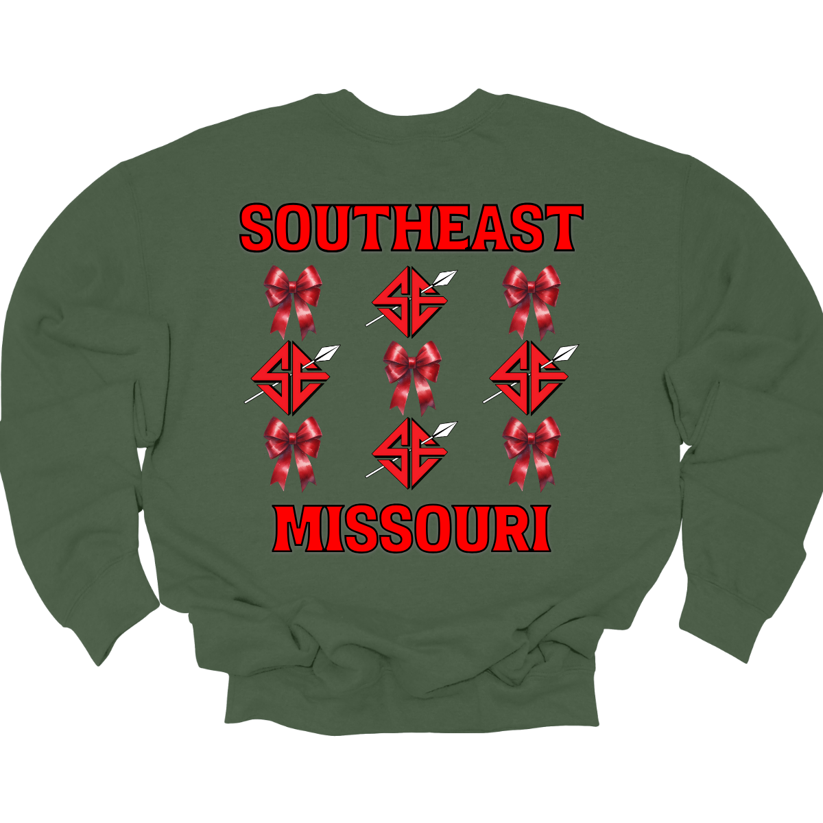 **The front will have a bow on the left chest pocket area.
Show off your collegiate pride with our SEMO Sagamore Bow! With a grid pattern of red croquette bows and the SE spear logo, the word "southeast" displayed on the top and "Missouri" on the bottom, this shirt is perfect for any SEMO fan. The front pocket design features a matching red croquette bow. Available in short or long sleeve options. Shop at Gorgeousware.com