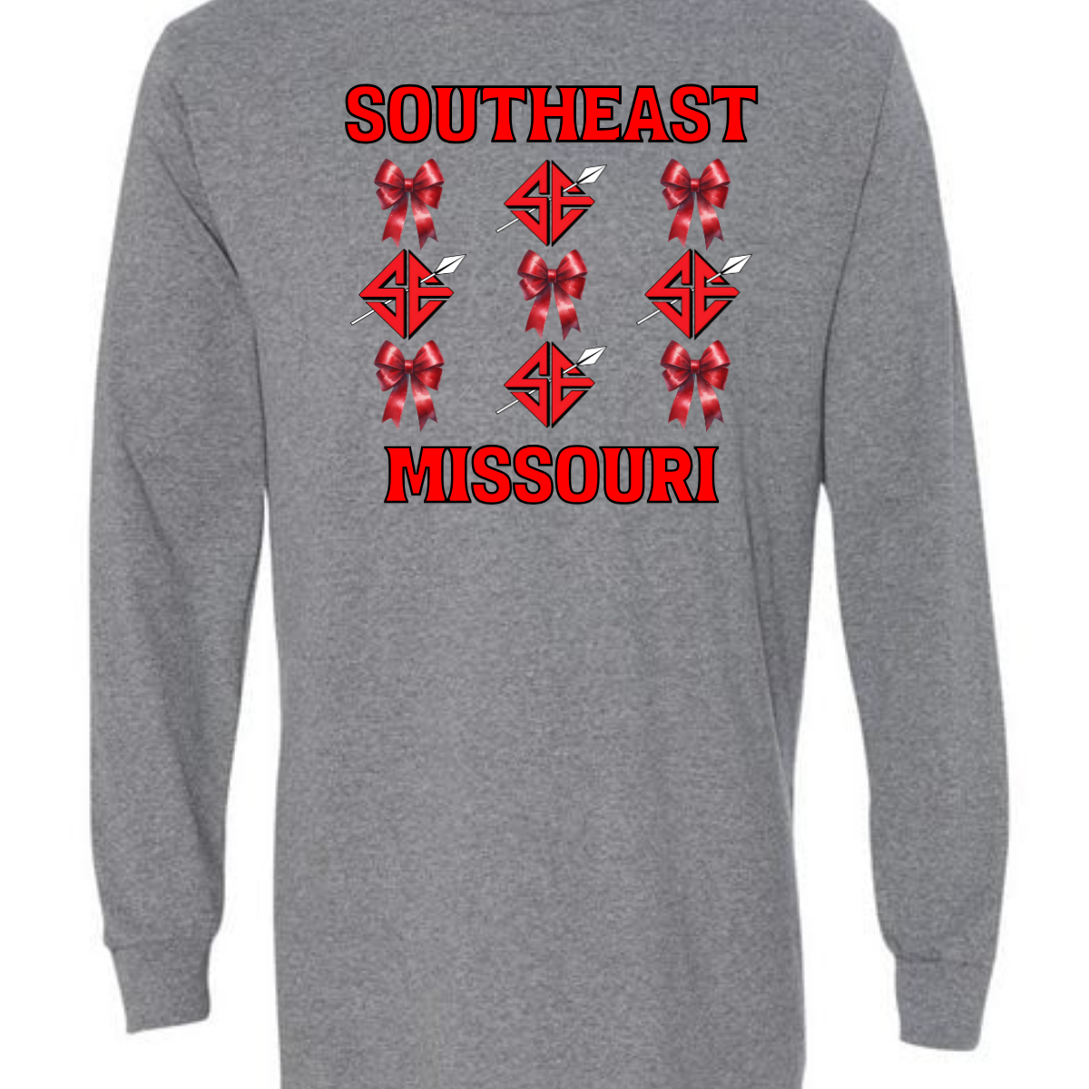 Show off your collegiate pride with our SEMO Sagamore Bow! With a grid pattern of red croquette bows and the SE spear logo, the word "southeast" displayed on the top and "missouri" on the bottom, this shirt is perfect for any SEMO fan. The front pocket design features a matching red croquette bow. Available in short or long sleeve options. Shop at Gorgeousware.com