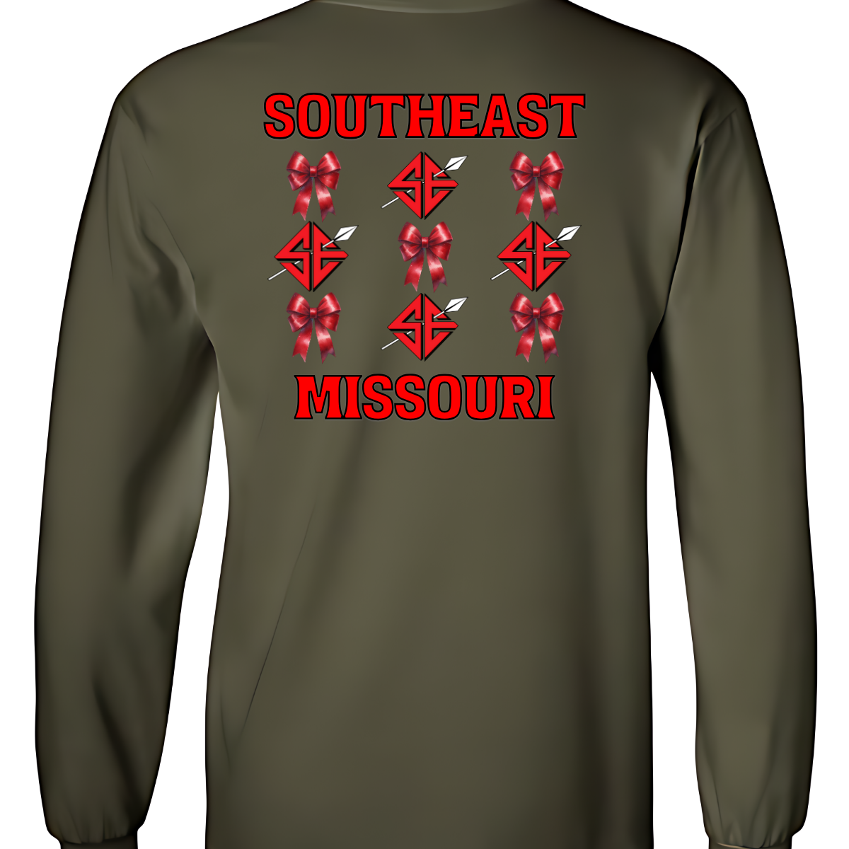 Show off your collegiate pride with our SEMO Sagamore Bow! With a grid pattern of red croquette bows and the SE spear logo, the word "southeast" displayed on the top and "missouri" on the bottom, this shirt is perfect for any SEMO fan. The front pocket design features a matching red croquette bow. Available in short or long sleeve options. Shop at Gorgeousware.com