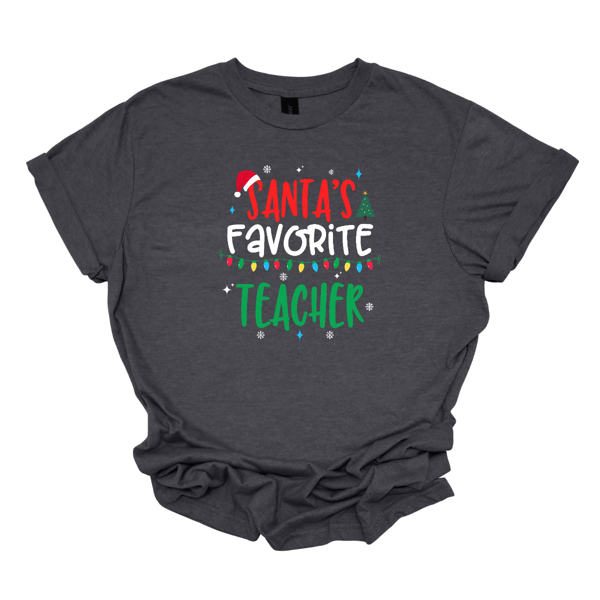 This cheerful t-shirt features the playful phrase "Santa's Favorite Teacher" in a whimsical, bubbly font that captures a childlike spirit. The word "Santa's" pops in bright red, with the first "S" sporting a classic Santa hat, adding a festive touch. "Favorite" is written in a crisp white, creating a lovely contrast, while "Teacher" is displayed in a vibrant green, reminiscent of holiday cheer. Shop Gorgeousware.com