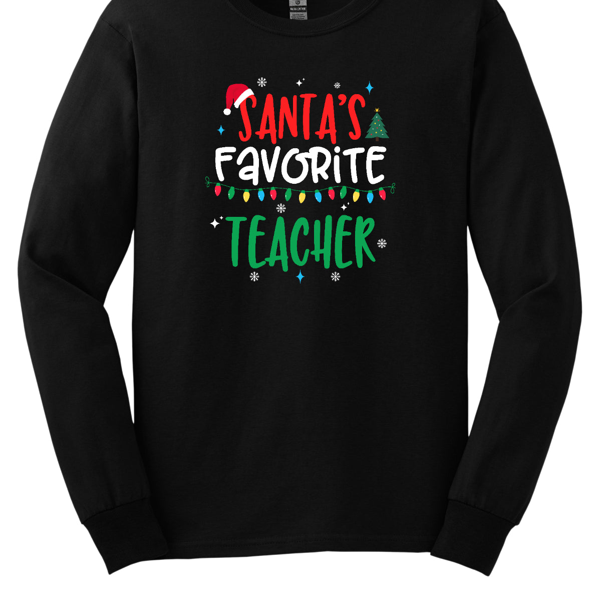 This cheerful t-shirt features the playful phrase "Santa's Favorite Teacher" in a whimsical, bubbly font that captures a childlike spirit. The word "Santa's" pops in bright red, with the first "S" sporting a classic Santa hat, adding a festive touch. "Favorite" is written in a crisp white, creating a lovely contrast, while "Teacher" is displayed in a vibrant green, reminiscent of holiday cheer. Shop Gorgeousware.com
