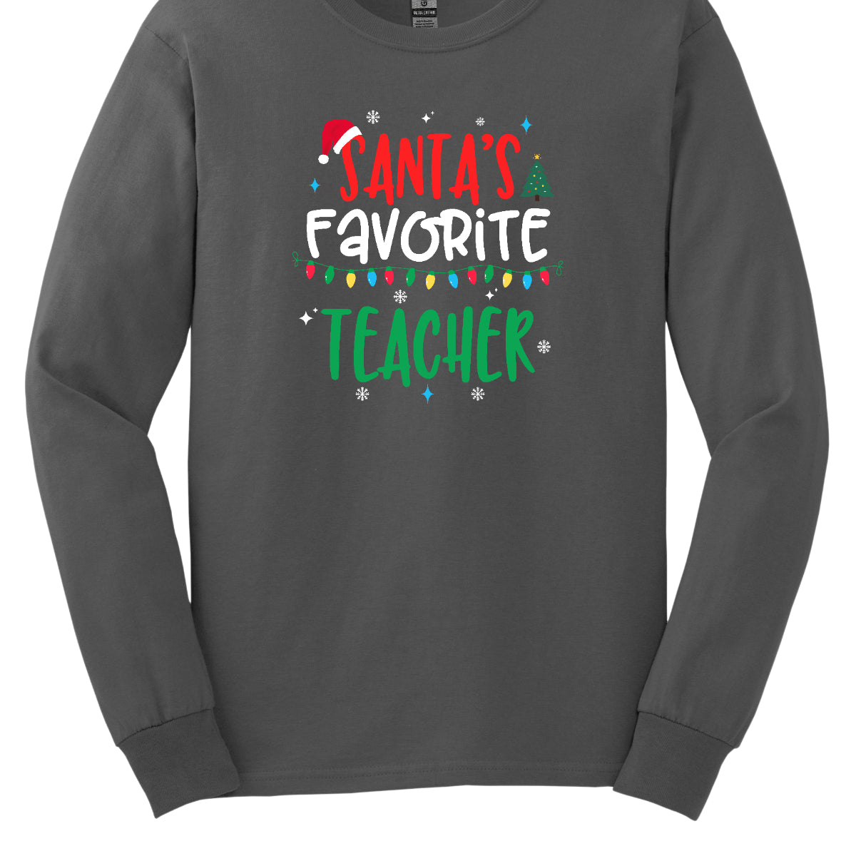 This cheerful t-shirt features the playful phrase "Santa's Favorite Teacher" in a whimsical, bubbly font that captures a childlike spirit. The word "Santa's" pops in bright red, with the first "S" sporting a classic Santa hat, adding a festive touch. "Favorite" is written in a crisp white, creating a lovely contrast, while "Teacher" is displayed in a vibrant green, reminiscent of holiday cheer. Shop Gorgeousware.com