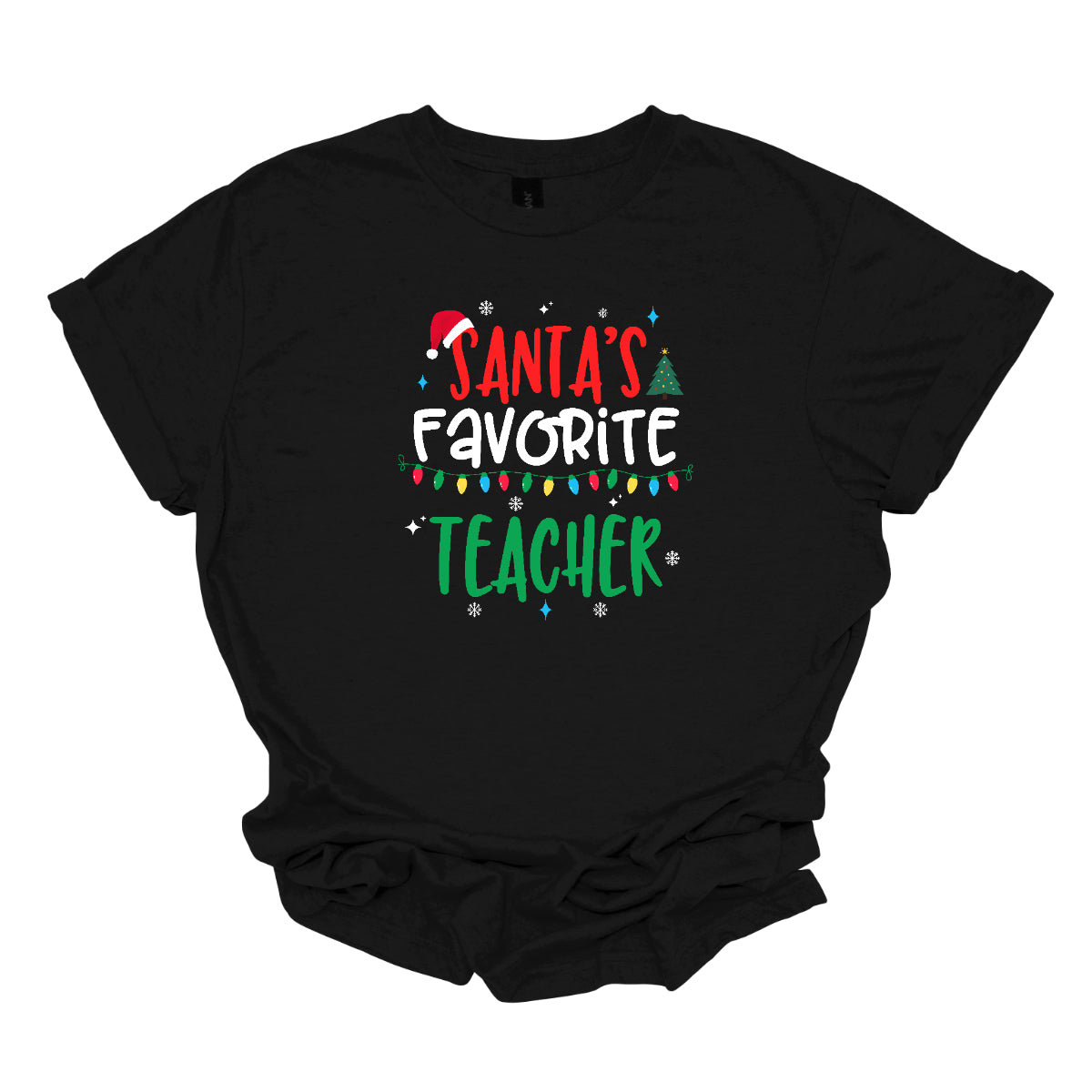 This cheerful t-shirt features the playful phrase "Santa's Favorite Teacher" in a whimsical, bubbly font that captures a childlike spirit. The word "Santa's" pops in bright red, with the first "S" sporting a classic Santa hat, adding a festive touch. "Favorite" is written in a crisp white, creating a lovely contrast, while "Teacher" is displayed in a vibrant green, reminiscent of holiday cheer. Shop Gorgeousware.com