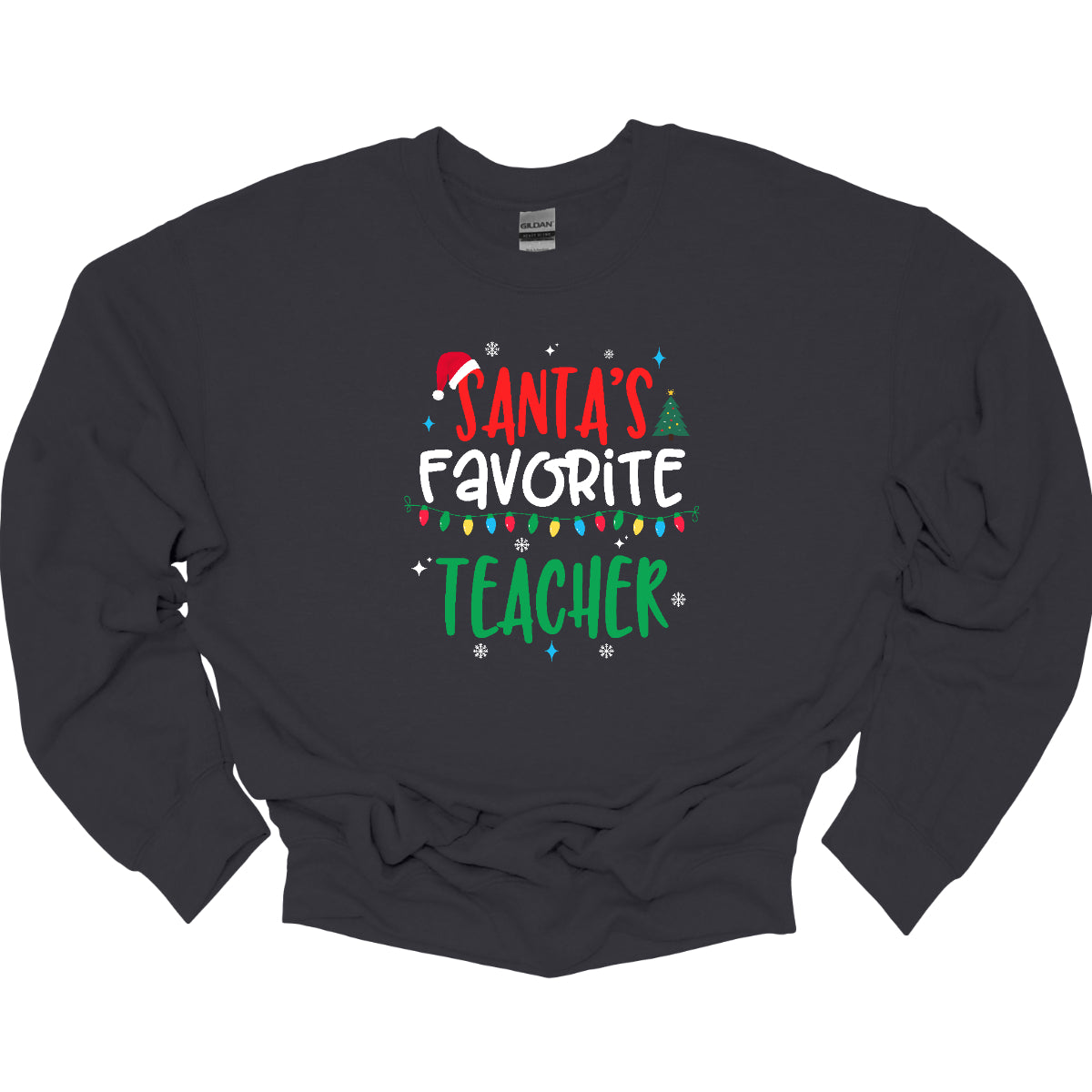 This cheerful t-shirt features the playful phrase "Santa's Favorite Teacher" in a whimsical, bubbly font that captures a childlike spirit. The word "Santa's" pops in bright red, with the first "S" sporting a classic Santa hat, adding a festive touch. "Favorite" is written in a crisp white, creating a lovely contrast, while "Teacher" is displayed in a vibrant green, reminiscent of holiday cheer. Shop Gorgeousware.com