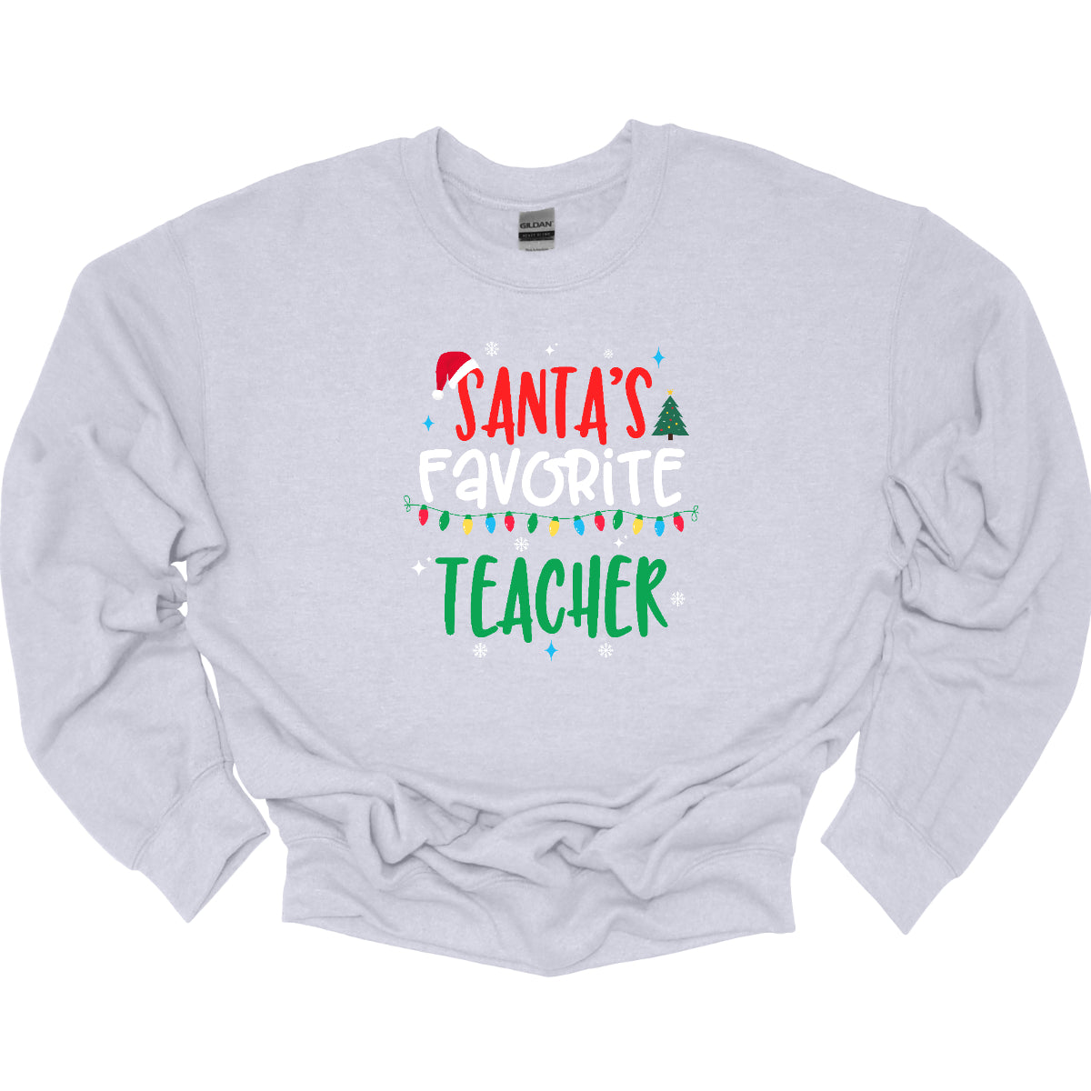 This cheerful t-shirt features the playful phrase "Santa's Favorite Teacher" in a whimsical, bubbly font that captures a childlike spirit. The word "Santa's" pops in bright red, with the first "S" sporting a classic Santa hat, adding a festive touch. "Favorite" is written in a crisp white, creating a lovely contrast, while "Teacher" is displayed in a vibrant green, reminiscent of holiday cheer. Shop Gorgeousware.com