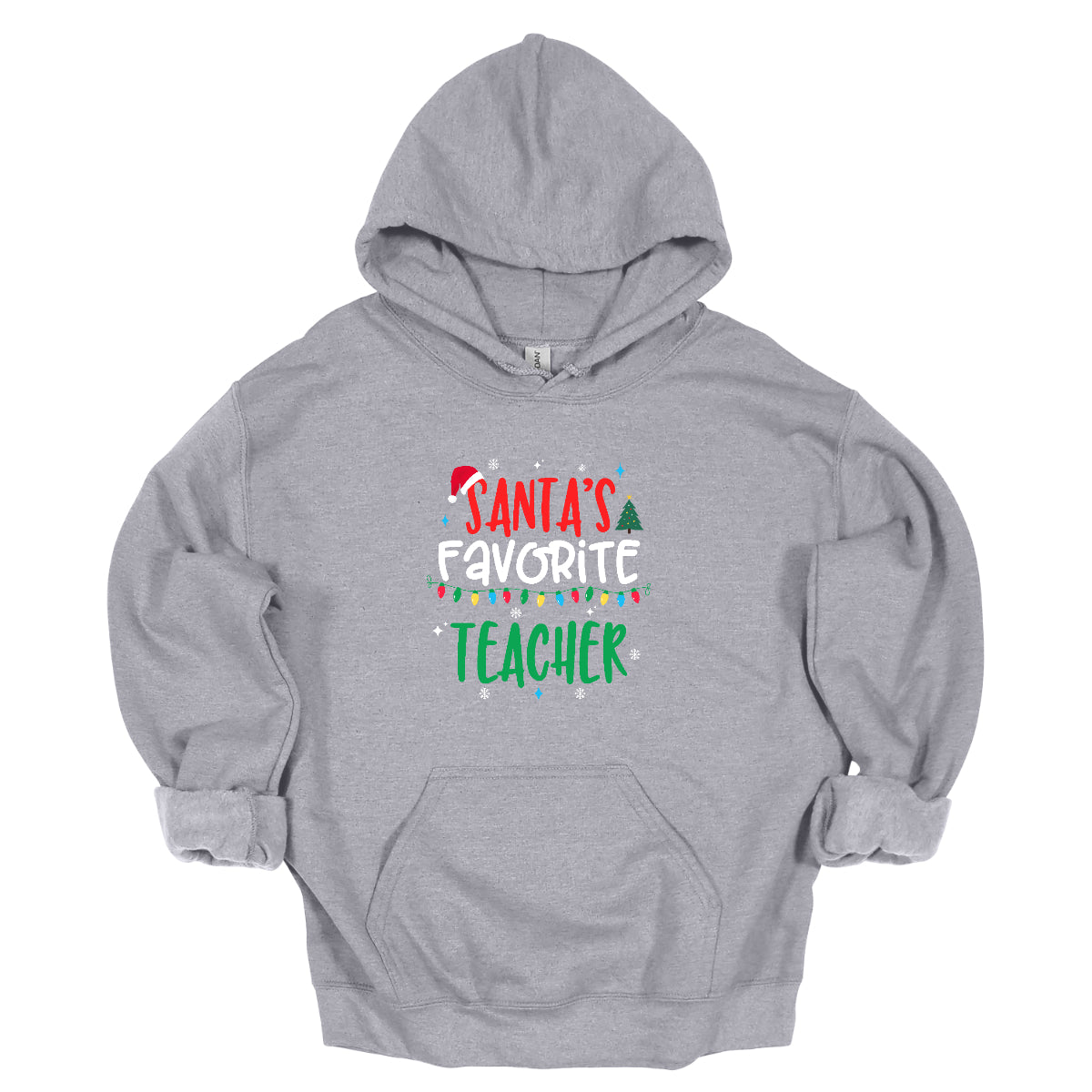 This cheerful t-shirt features the playful phrase "Santa's Favorite Teacher" in a whimsical, bubbly font that captures a childlike spirit. The word "Santa's" pops in bright red, with the first "S" sporting a classic Santa hat, adding a festive touch. "Favorite" is written in a crisp white, creating a lovely contrast, while "Teacher" is displayed in a vibrant green, reminiscent of holiday cheer. Shop Gorgeousware.com
