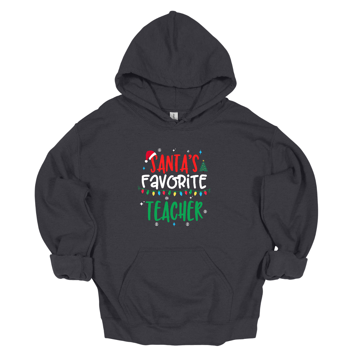 This cheerful t-shirt features the playful phrase "Santa's Favorite Teacher" in a whimsical, bubbly font that captures a childlike spirit. The word "Santa's" pops in bright red, with the first "S" sporting a classic Santa hat, adding a festive touch. "Favorite" is written in a crisp white, creating a lovely contrast, while "Teacher" is displayed in a vibrant green, reminiscent of holiday cheer. Shop Gorgeousware.com