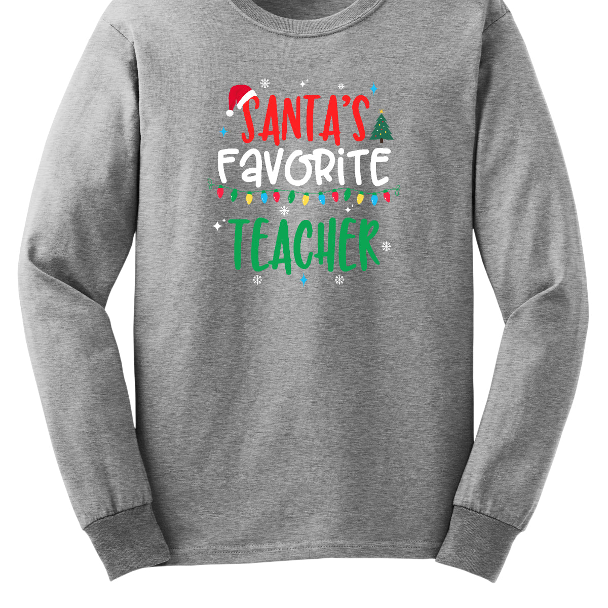 This cheerful t-shirt features the playful phrase "Santa's Favorite Teacher" in a whimsical, bubbly font that captures a childlike spirit. The word "Santa's" pops in bright red, with the first "S" sporting a classic Santa hat, adding a festive touch. "Favorite" is written in a crisp white, creating a lovely contrast, while "Teacher" is displayed in a vibrant green, reminiscent of holiday cheer. Shop Gorgeousware.com