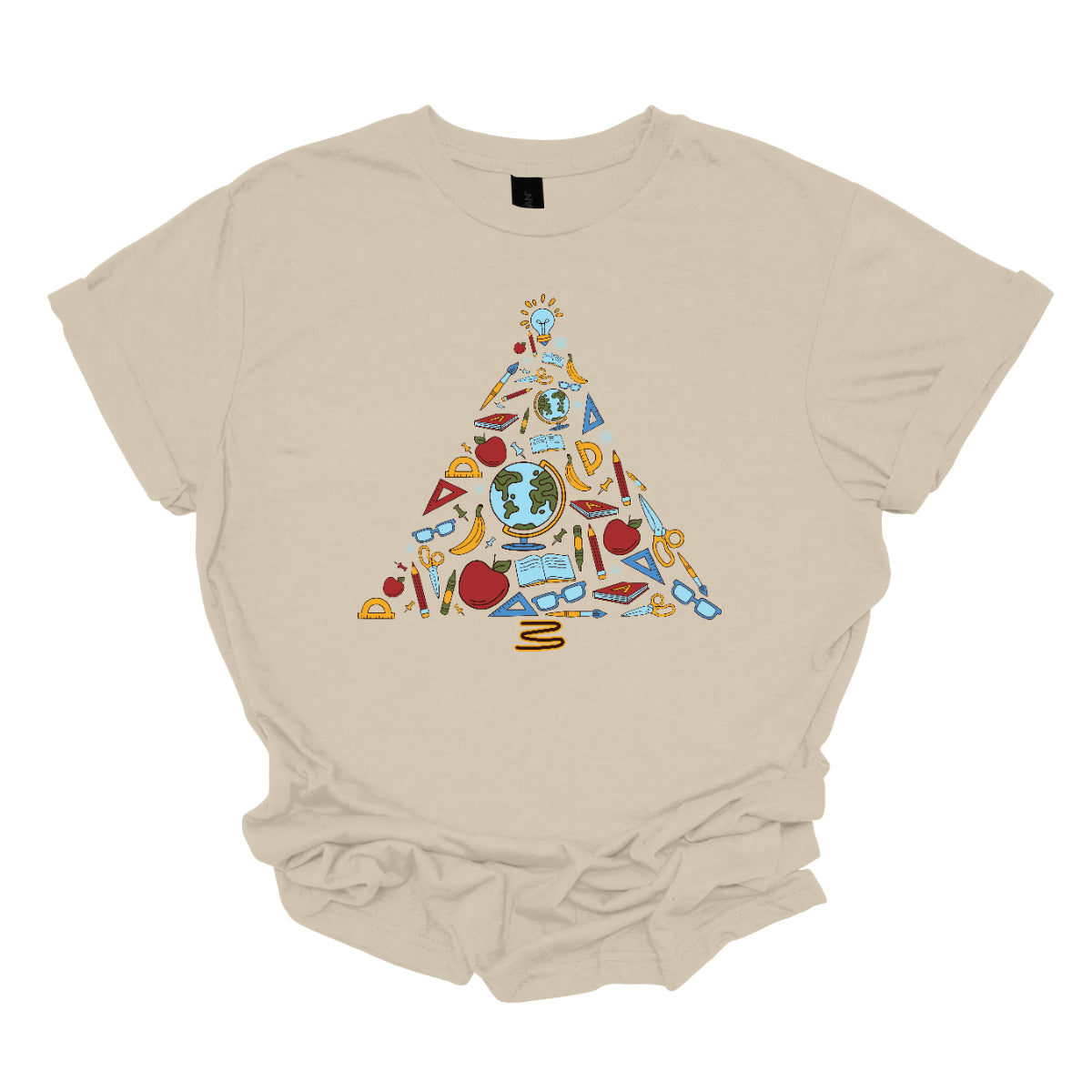 This creative t-shirt design features a festive Christmas tree composed entirely of colorful school supplies. Pencils, rulers, markers, and notebooks, and other school supplies form the branches adding a playful touch. The vibrant colors and unique arrangement create a fun and engaging visual, perfect for educators and students alike. Made from soft, comfortable fabric, this t-shirt is an ideal way to celebrate the holiday season while showcasing a love for learning!! Shop at Gorgeousware.com