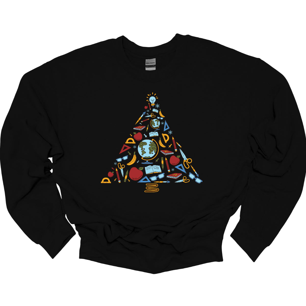 This creative t-shirt design features a festive Christmas tree composed entirely of colorful school supplies. Pencils, rulers, markers, and notebooks, and other school supplies form the branches adding a playful touch. The vibrant colors and unique arrangement create a fun and engaging visual, perfect for educators and students alike. Made from soft, comfortable fabric, this t-shirt is an ideal way to celebrate the holiday season while showcasing a love for learning!! Shop at Gorgeousware.com