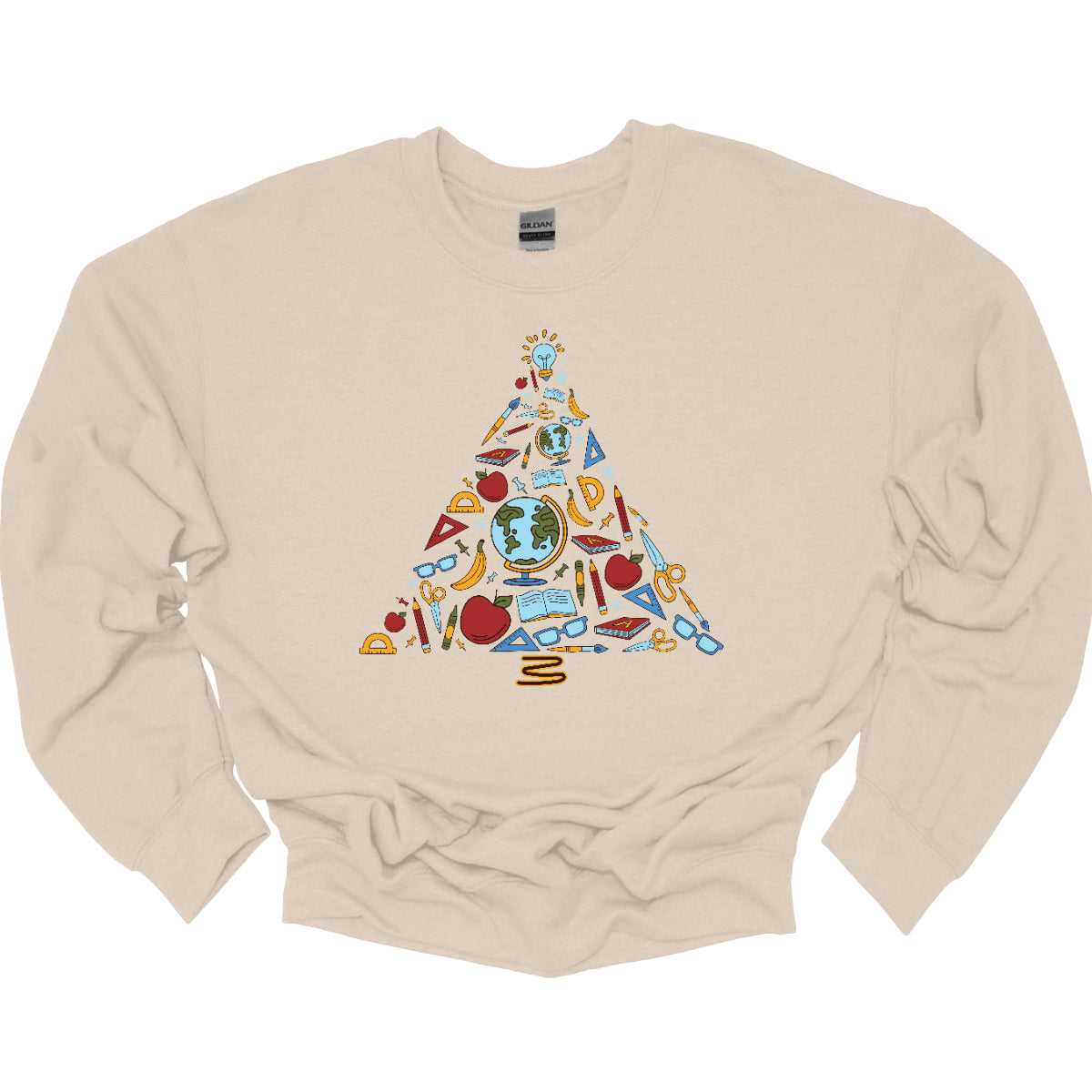 This creative t-shirt design features a festive Christmas tree composed entirely of colorful school supplies. Pencils, rulers, markers, and notebooks, and other school supplies form the branches adding a playful touch. The vibrant colors and unique arrangement create a fun and engaging visual, perfect for educators and students alike. Made from soft, comfortable fabric, this t-shirt is an ideal way to celebrate the holiday season while showcasing a love for learning!! Shop at Gorgeousware.com