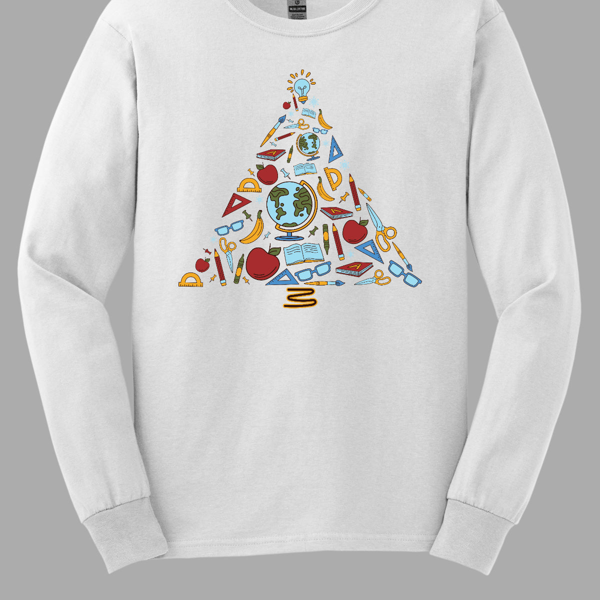 This creative t-shirt design features a festive Christmas tree composed entirely of colorful school supplies. Pencils, rulers, markers, and notebooks, and other school supplies form the branches adding a playful touch. The vibrant colors and unique arrangement create a fun and engaging visual, perfect for educators and students alike. Made from soft, comfortable fabric, this t-shirt is an ideal way to celebrate the holiday season while showcasing a love for learning!! Shop at Gorgeousware.com