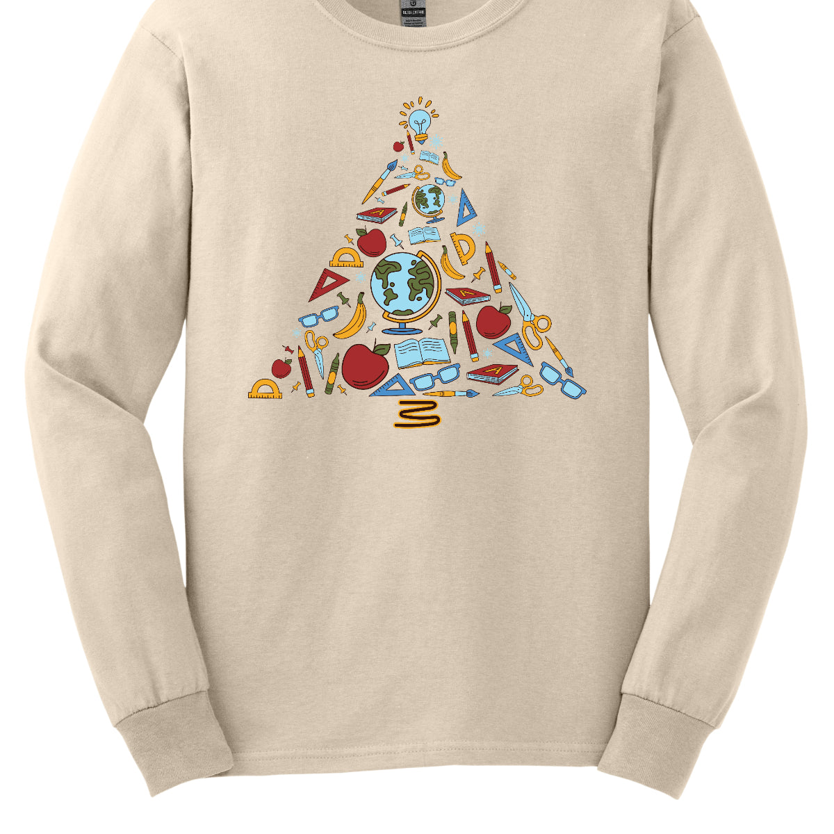 This creative t-shirt design features a festive Christmas tree composed entirely of colorful school supplies. Pencils, rulers, markers, and notebooks, and other school supplies form the branches adding a playful touch. The vibrant colors and unique arrangement create a fun and engaging visual, perfect for educators and students alike. Made from soft, comfortable fabric, this t-shirt is an ideal way to celebrate the holiday season while showcasing a love for learning!! Shop at Gorgeousware.com