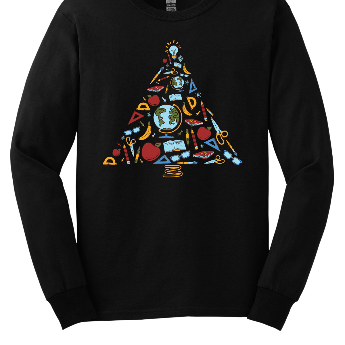 This creative t-shirt design features a festive Christmas tree composed entirely of colorful school supplies. Pencils, rulers, markers, and notebooks, and other school supplies form the branches adding a playful touch. The vibrant colors and unique arrangement create a fun and engaging visual, perfect for educators and students alike. Made from soft, comfortable fabric, this t-shirt is an ideal way to celebrate the holiday season while showcasing a love for learning!! Shop at Gorgeousware.com