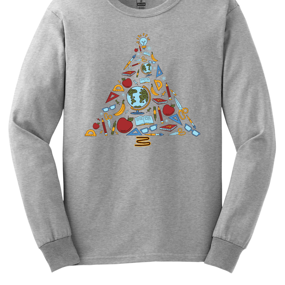 This creative t-shirt design features a festive Christmas tree composed entirely of colorful school supplies. Pencils, rulers, markers, and notebooks, and other school supplies form the branches adding a playful touch. The vibrant colors and unique arrangement create a fun and engaging visual, perfect for educators and students alike. Made from soft, comfortable fabric, this t-shirt is an ideal way to celebrate the holiday season while showcasing a love for learning!! Shop at Gorgeousware.com