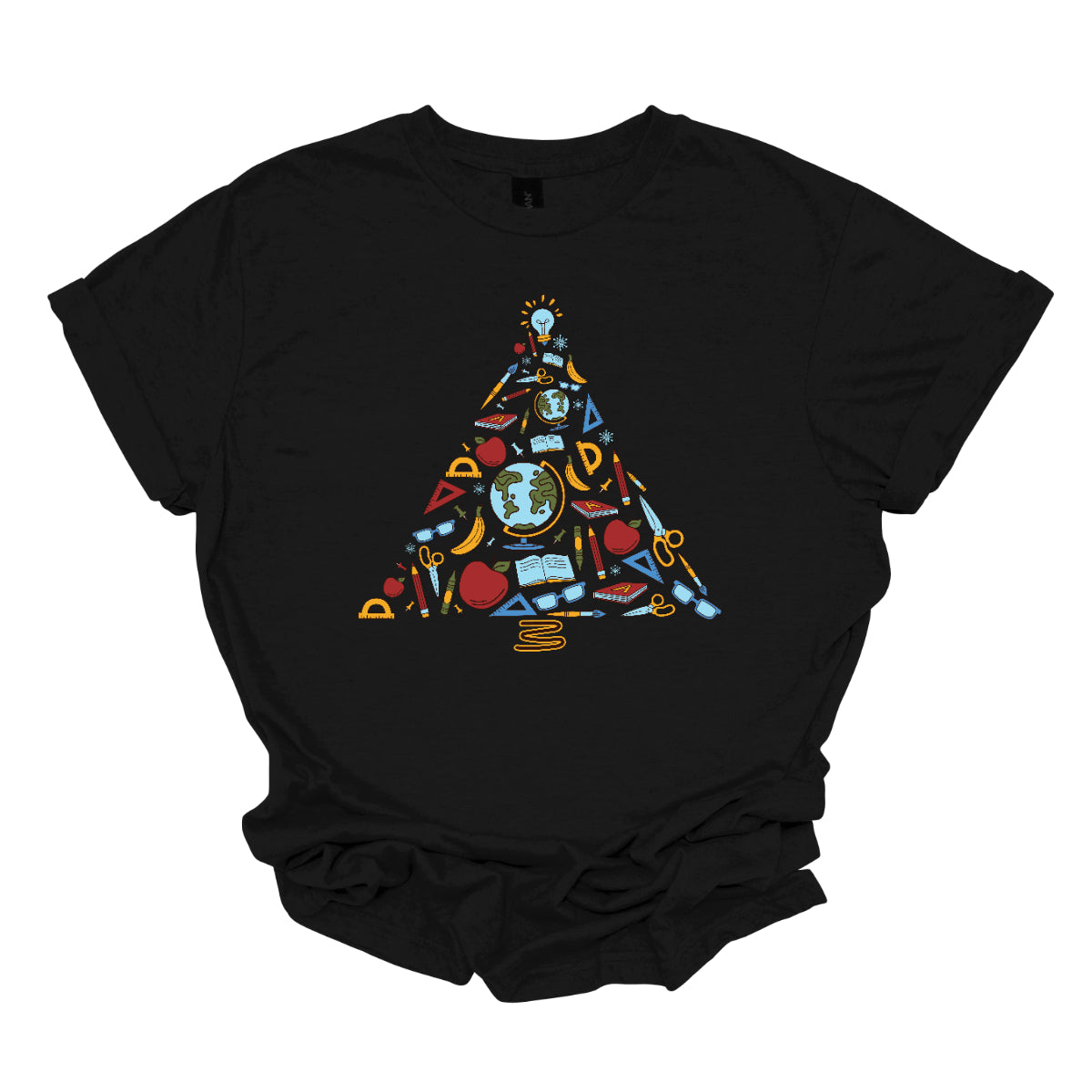 This creative t-shirt design features a festive Christmas tree composed entirely of colorful school supplies. Pencils, rulers, markers, and notebooks, and other school supplies form the branches adding a playful touch. The vibrant colors and unique arrangement create a fun and engaging visual, perfect for educators and students alike. Made from soft, comfortable fabric, this t-shirt is an ideal way to celebrate the holiday season while showcasing a love for learning!! Shop at Gorgeousware.com