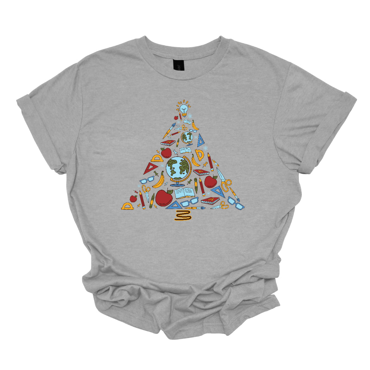 This creative t-shirt design features a festive Christmas tree composed entirely of colorful school supplies. Pencils, rulers, markers, and notebooks, and other school supplies form the branches adding a playful touch. The vibrant colors and unique arrangement create a fun and engaging visual, perfect for educators and students alike. Made from soft, comfortable fabric, this t-shirt is an ideal way to celebrate the holiday season while showcasing a love for learning!! Shop at Gorgeousware.com