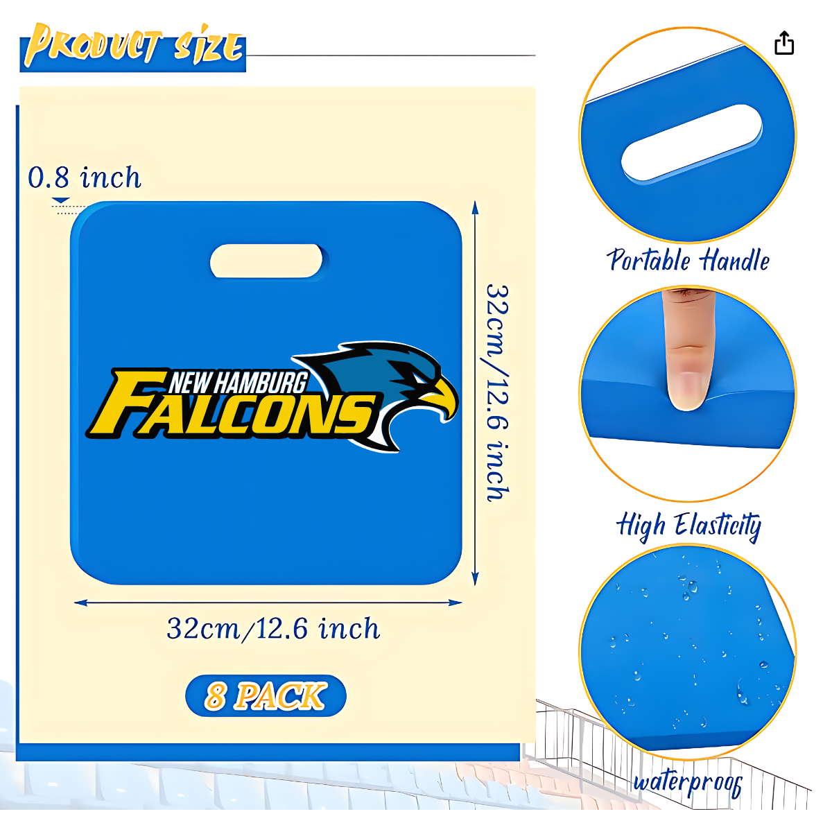 Stay comfortable and show your team spirit with this Royal Blue Stadium Seat Cushion featuring the New Hamburg Falcons logo. Perfect for game day, this one-sided cushion offers added support during those long events while proudly displaying your Falcons pride. Its vibrant royal blue color ensures you'll stand out in the crowd, while the durable, easy-to-carry design makes it ideal for any stadium, bleacher, or outdoor seating. Shop at Gorgeousware.com