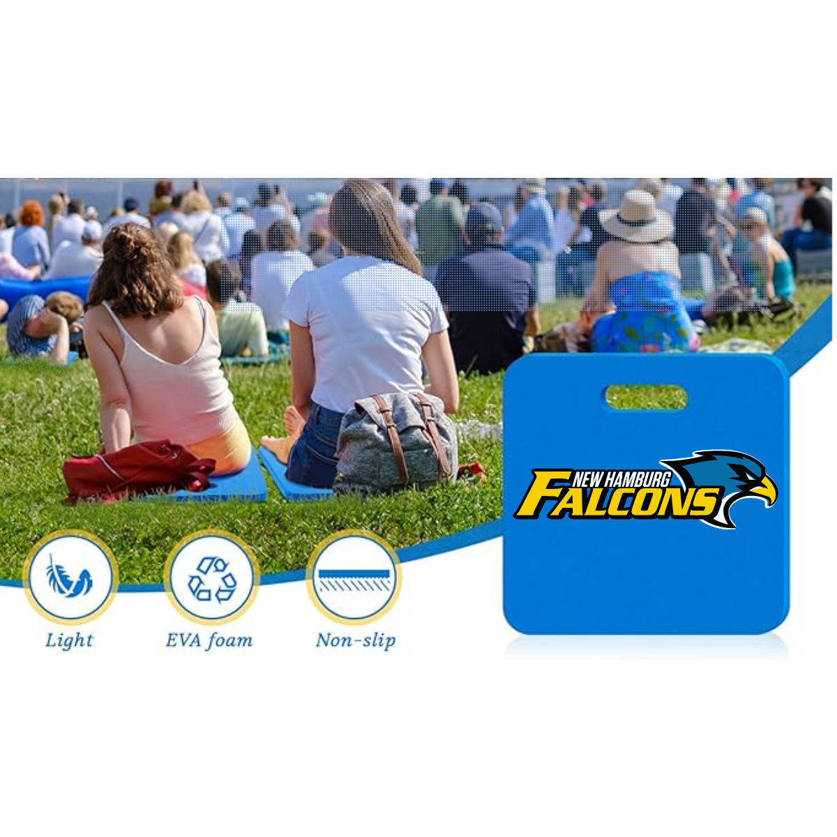 Stay comfortable and show your team spirit with this Royal Blue Stadium Seat Cushion featuring the New Hamburg Falcons logo. Perfect for game day, this one-sided cushion offers added support during those long events while proudly displaying your Falcons pride. Its vibrant royal blue color ensures you'll stand out in the crowd, while the durable, easy-to-carry design makes it ideal for any stadium, bleacher, or outdoor seating. Shop at Gorgeousware.com