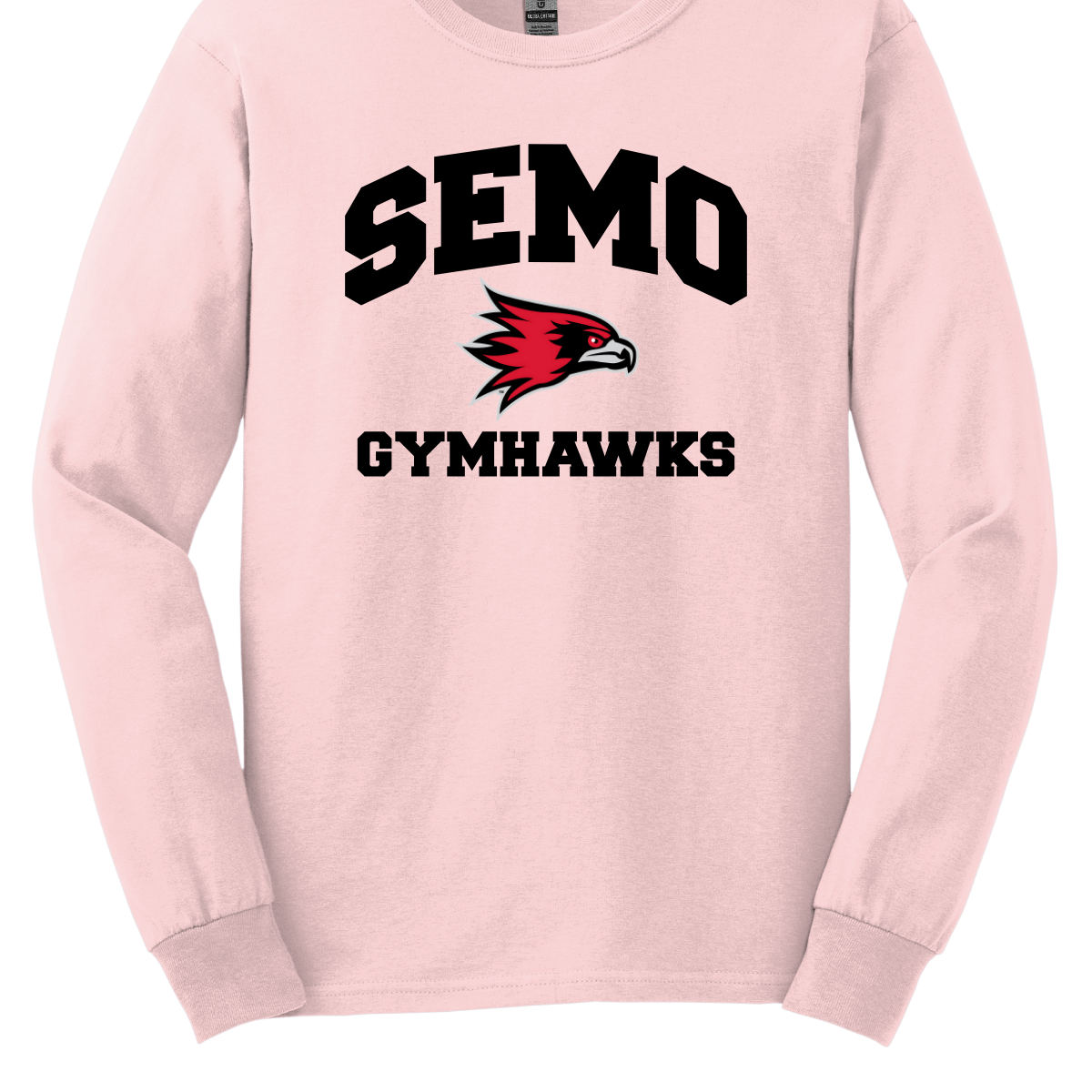 Pink sweatshirt with 'SEMO Gymhawks' text and logo on a white background