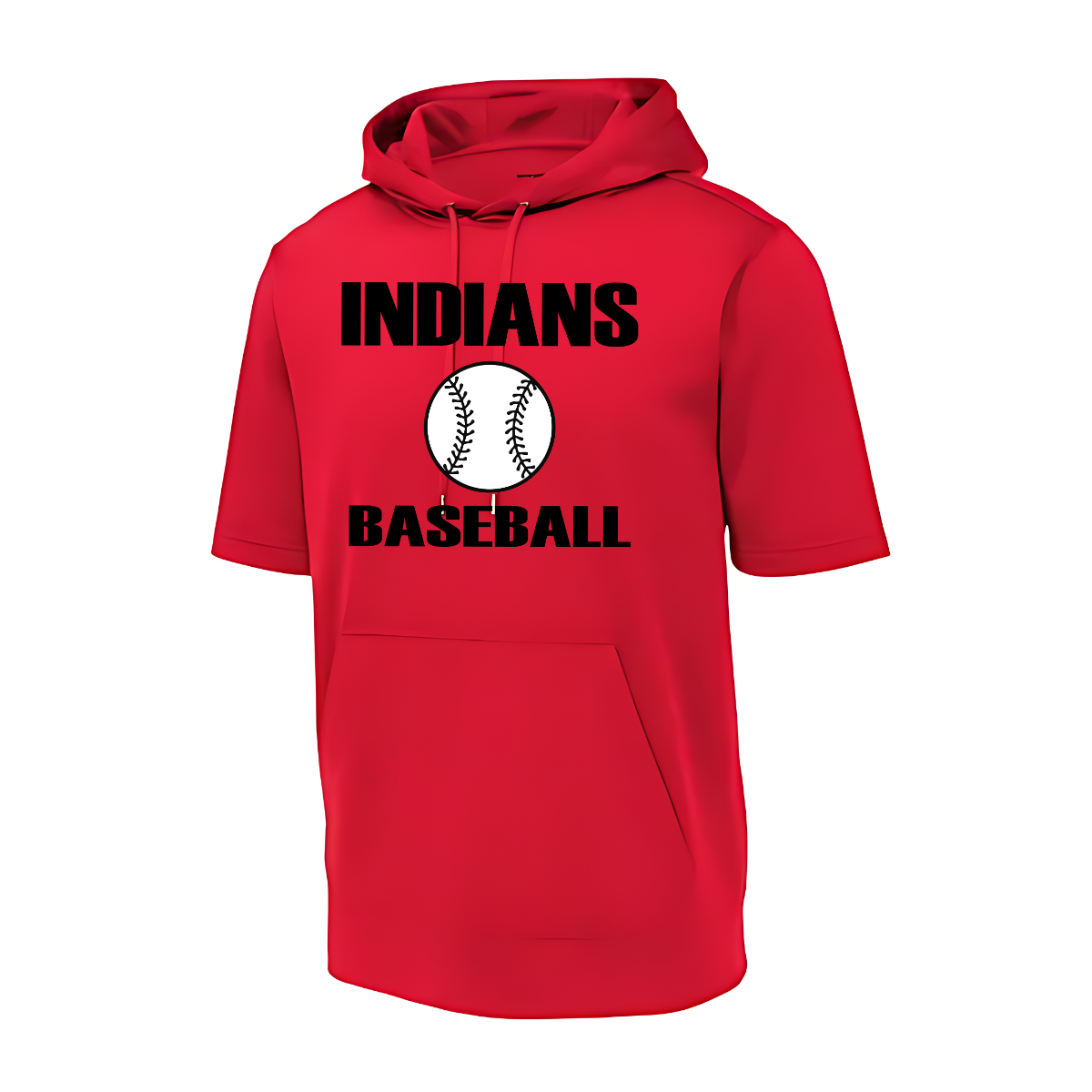 Red hoodie with 'Indians Baseball' text and a baseball graphic on a white background