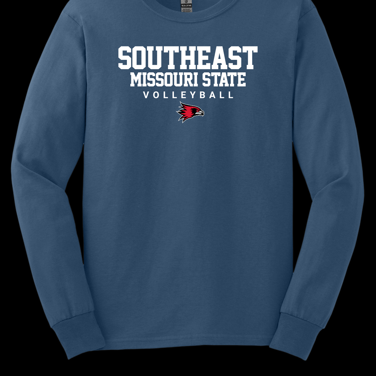 Indigo blue long sleeve with 'Southeast Missouri State Volleyball' text and logo on a black background. Shop at Gorgeousware.com