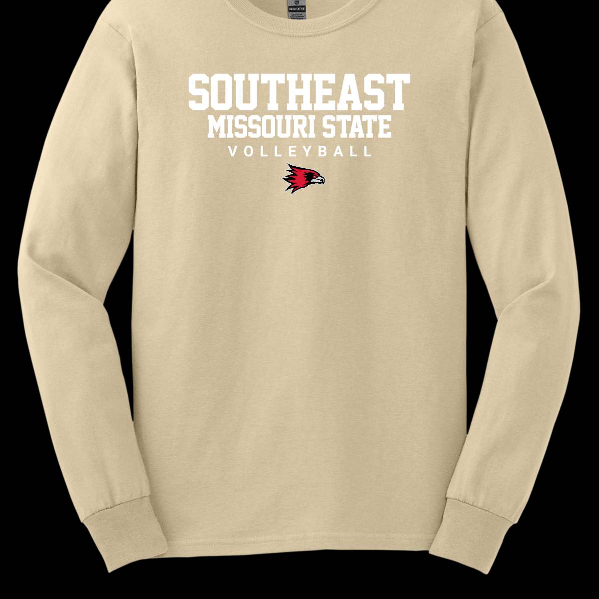 Beige long-sleeve shirt with 'Southeast Missouri State Volleyball' text and logo on a black background. Shop at Gorgeousware.com