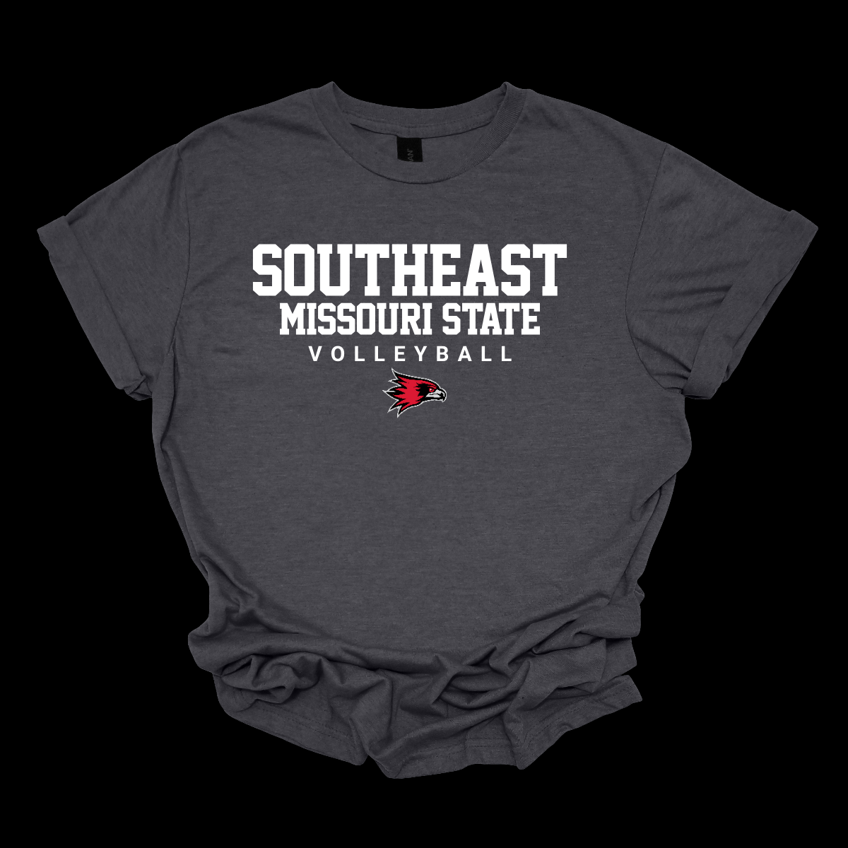 Charcoal gray t-shirt with 'Southeast Missouri State Volleyball' text and logo on a black background. Shop at Gorgeousware.com