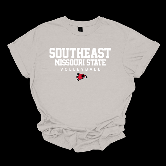 Gray t-shirt with 'Southeast Missouri State Volleyball' text and logo on a black background.  Shop at Gorgeousware.com