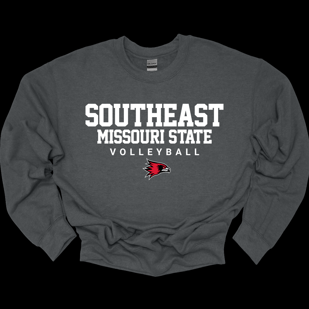 Dark gray sweatshirt with 'Southeast Missouri State Volleyball' text and logo on a black background. Shop at Gorgeousware.com
