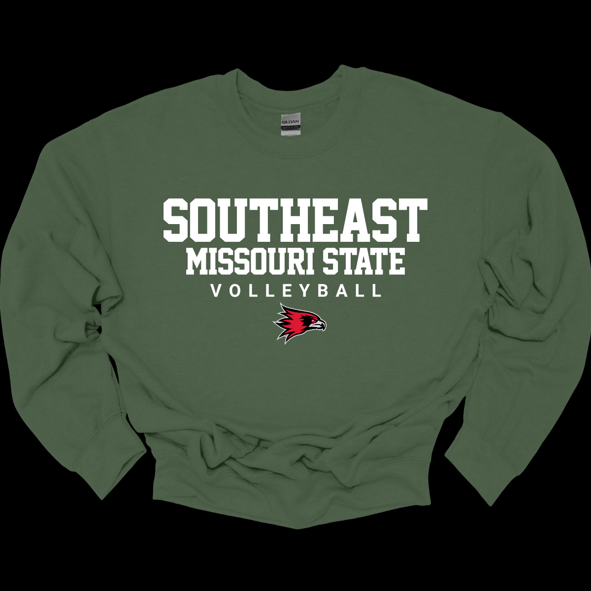 Military green sweatshirt with 'Southeast Missouri State Volleyball' text and logo on a black background. Shop at Gorgeousware.com