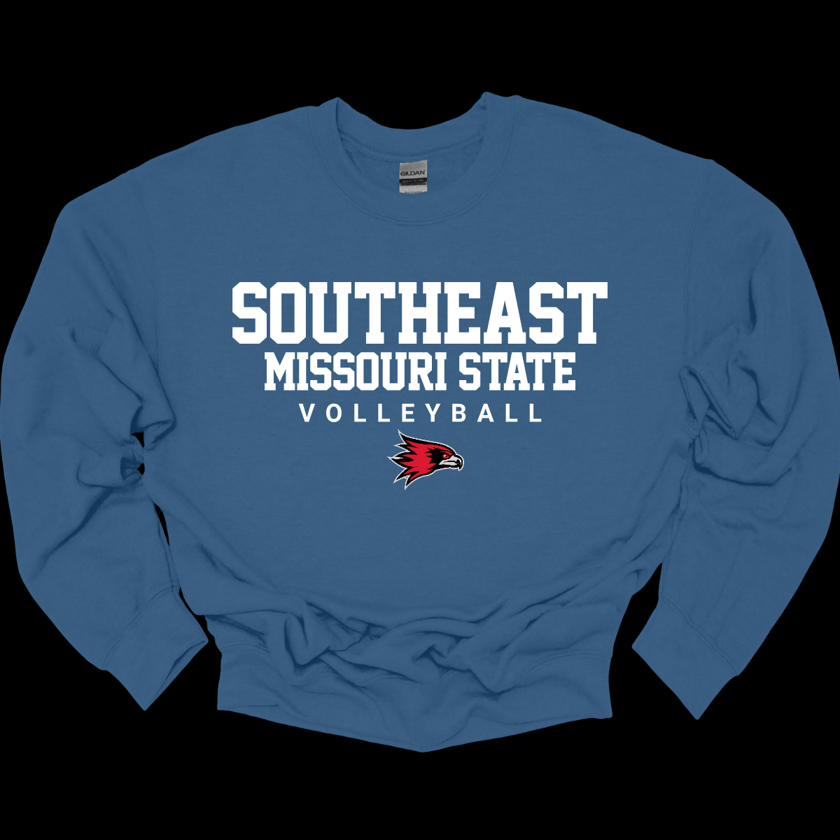 Indigo blue sweatshirt with 'Southeast Missouri State Volleyball' text and logo on a black background. Shop at Gorgeousware.com