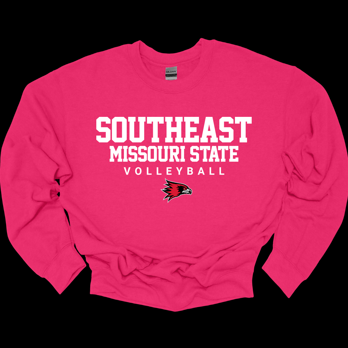 Hot pink sweatshirt with 'Southeast Missouri State Volleyball' text and logo on a black background. Shop at Gorgeousware.com