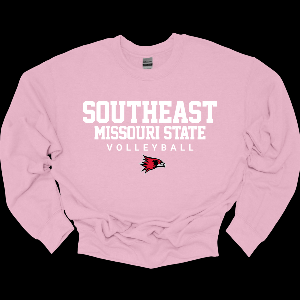Light pink sweatshirt with 'Southeast Missouri State Volleyball' text and logo on a black background. Shop at Gorgeousware.com