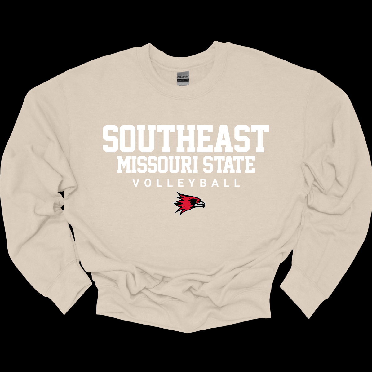 Beige sweatshirt with 'Southeast Missouri State Volleyball' text and logo on a black background. Shop at Gorgeousware.com
