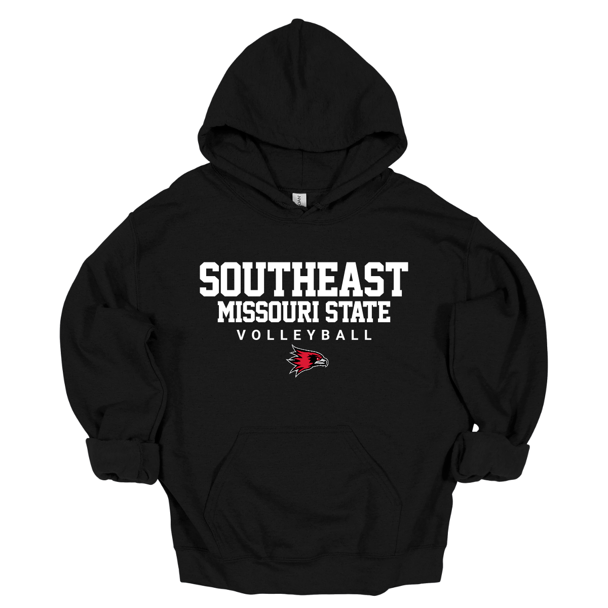 Black hoodie with 'Southeast Missouri State Volleyball' text and logo on a white background. Shop at Gorgeousware.com