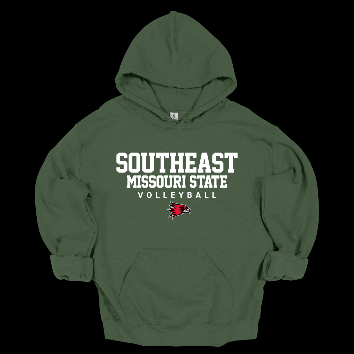 Military green hoodie with 'Southeast Missouri State Volleyball' text and logo on a black background. Shop at Gorgeousware.com