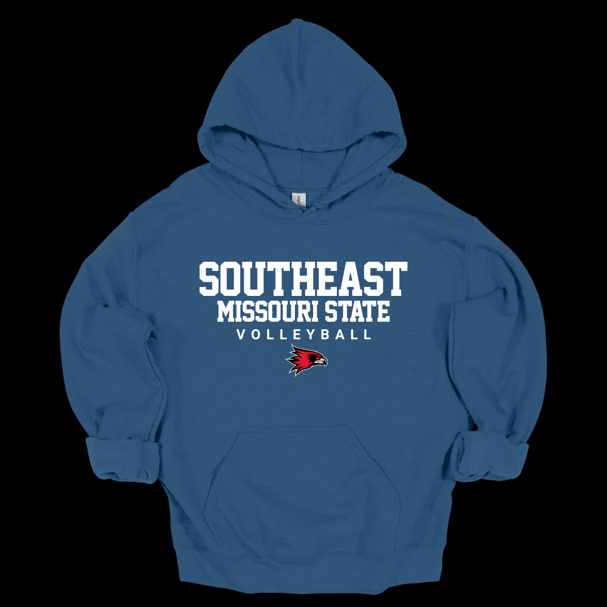 Indigo blue hoodie with 'Southeast Missouri State Volleyball' text and logo on a black background. Shop at Gorgeousware.com