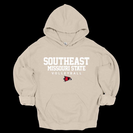Beige hoodie with 'Southeast Missouri State Volleyball' text and logo on a black background. Shop at Gorgeousware.com