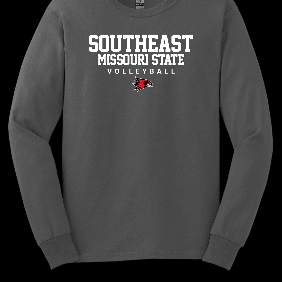 Charcoal gray long sleeve with 'Southeast Missouri State Volleyball' text and logo on a black background, Shop at Gorgeousware.com