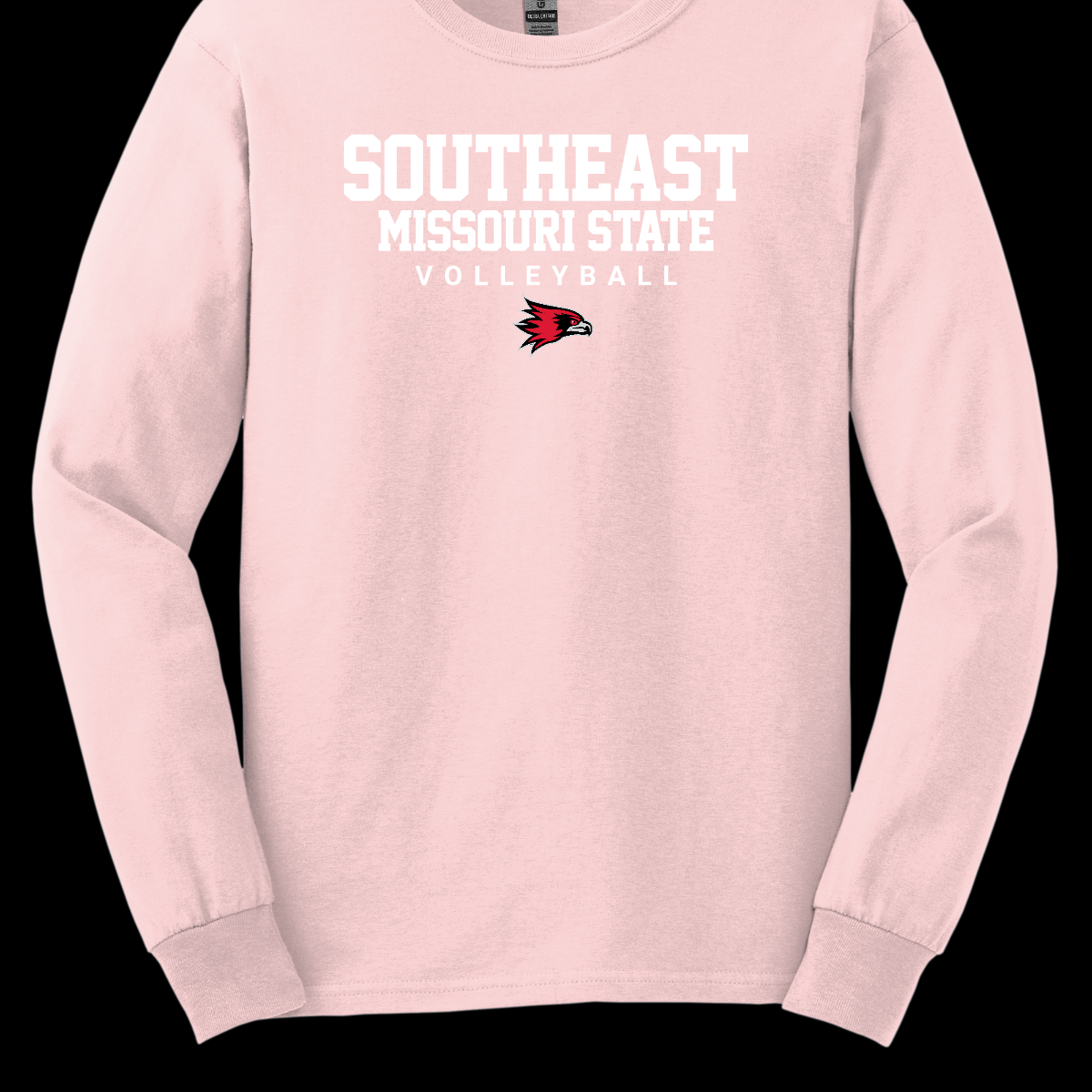 Light pink long-sleeve shirt with 'Southeast Missouri State Volleyball' text and logo on a black background. Shop at Gorgeousware.com