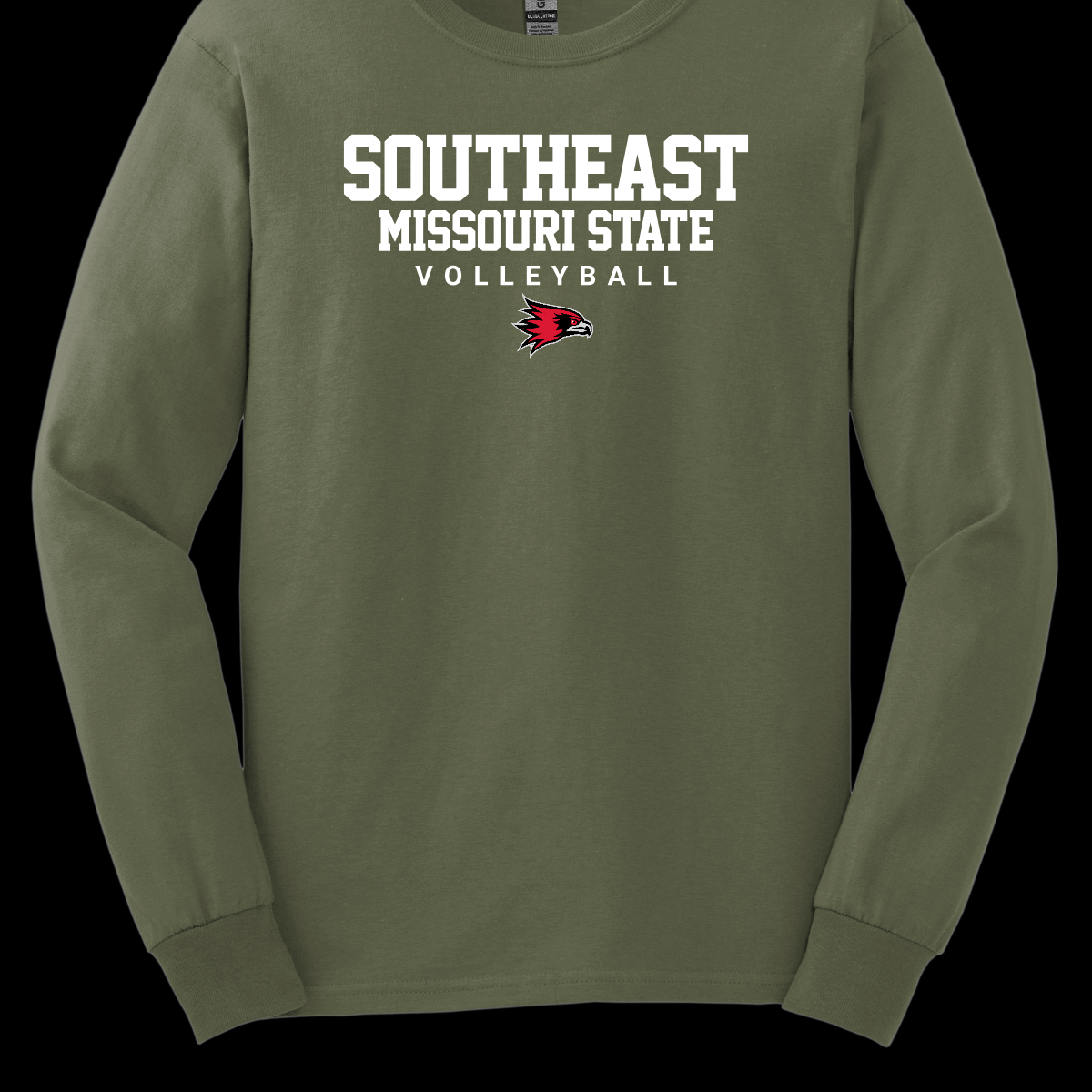 Military green long-sleeve shirt with 'Southeast Missouri State Volleyball' text and logo on a black background. Shop at Gorgeousware.com