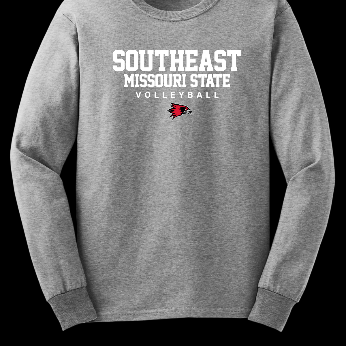 Sport gray long-sleeve shirt with 'Southeast Missouri State Volleyball' text and logo on a black background. Shop at Gorgeousware.com