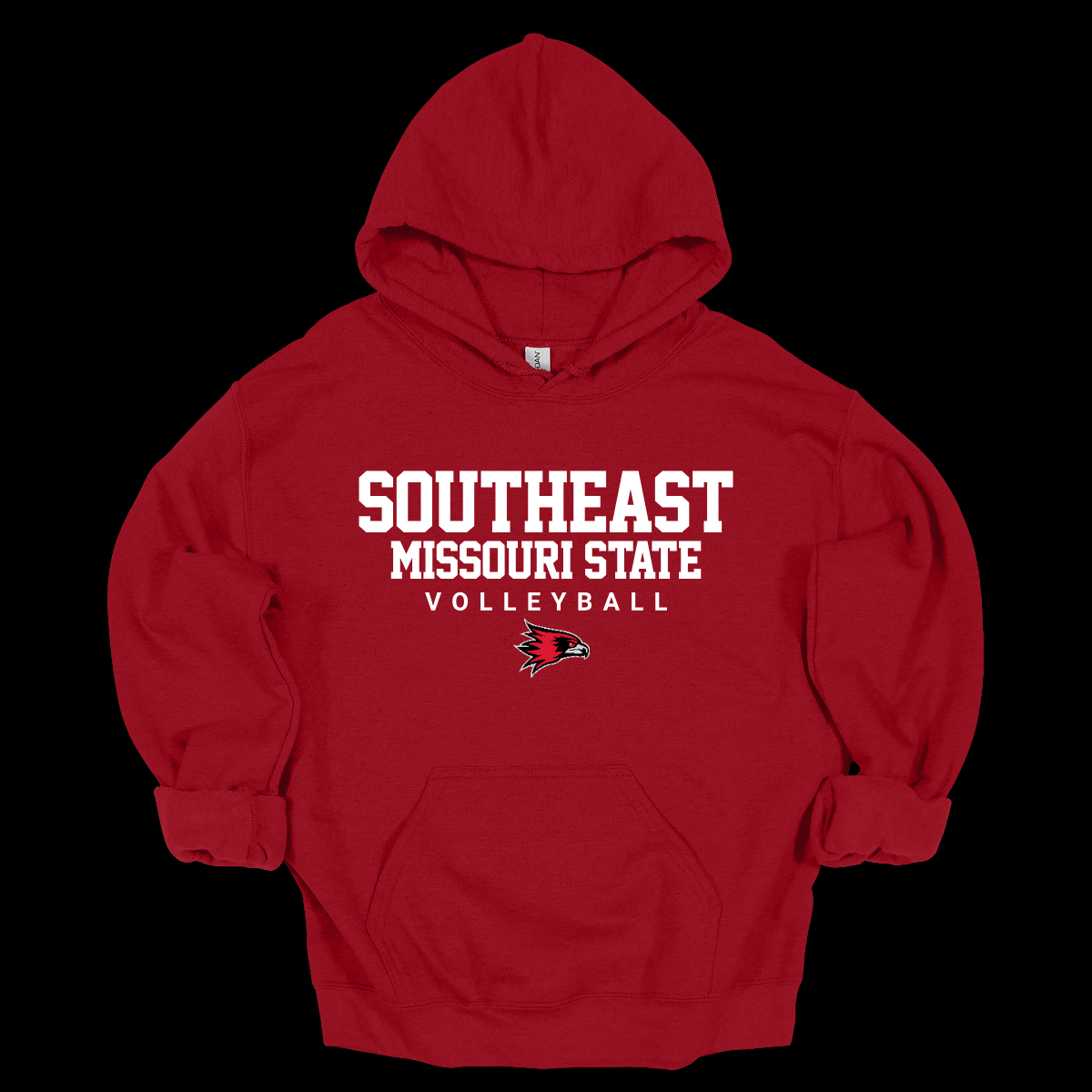 Red hoodie with 'Southeast Missouri State Volleyball' text and logo on a black background. Shop at Gorgeousware.com