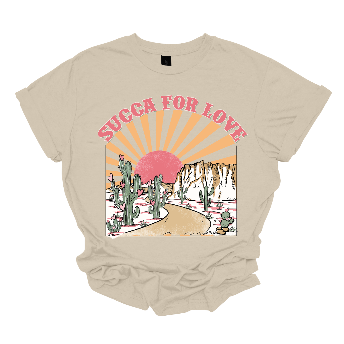 Declare your affection with our "Succa for Love" T-shirt – a playful and heartwarming garment that beautifully combines a clever phrase with the serene beauty of cactuses and a sunrise or sunset. Perfect for those who appreciate a unique and charming expression of love inspired by the beauty of the desert. Shop at Gorgeousware.com