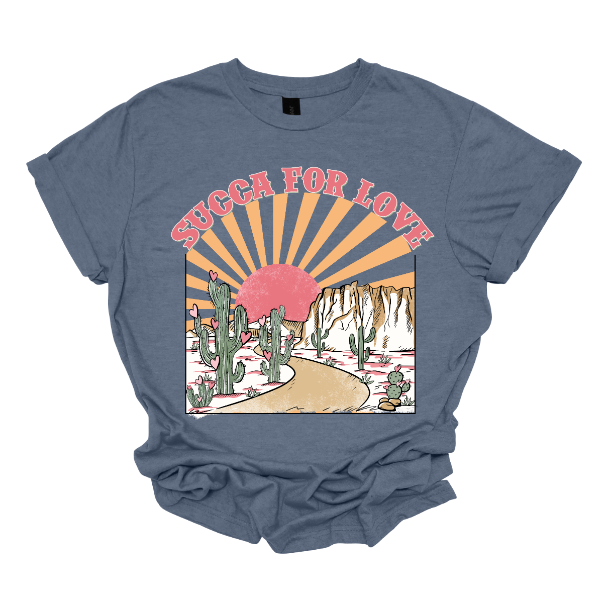 Declare your affection with our "Succa for Love" T-shirt – a playful and heartwarming garment that beautifully combines a clever phrase with the serene beauty of cactuses and a sunrise or sunset. Perfect for those who appreciate a unique and charming expression of love inspired by the beauty of the desert. Shop at Gorgeousware.com