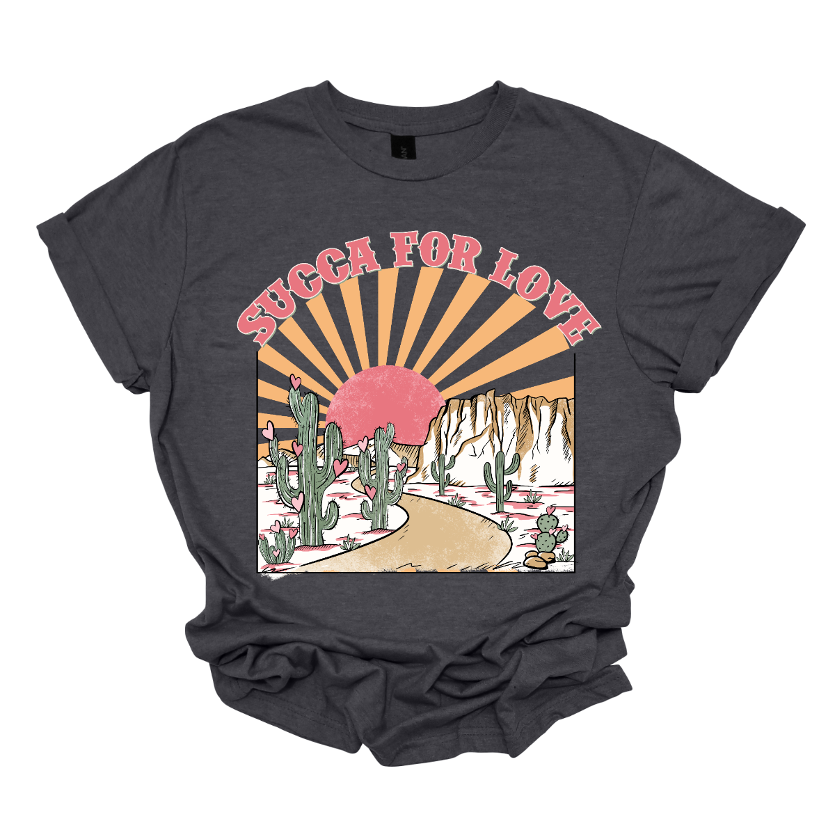 Declare your affection with our "Succa for Love" T-shirt – a playful and heartwarming garment that beautifully combines a clever phrase with the serene beauty of cactuses and a sunrise or sunset. Perfect for those who appreciate a unique and charming expression of love inspired by the beauty of the desert. Shop at Gorgeousware.com