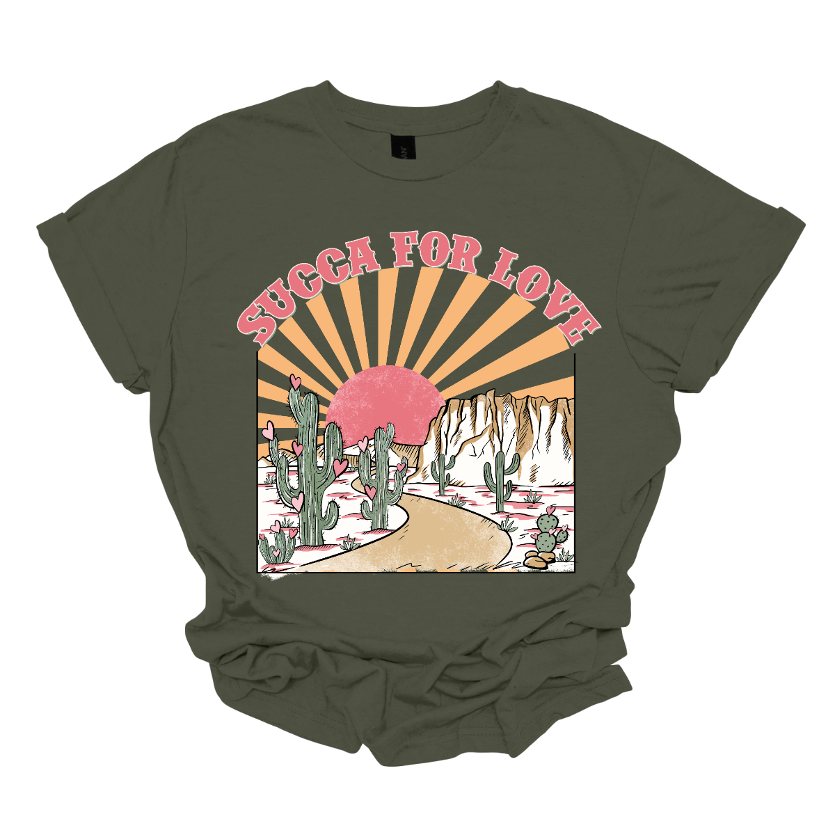 Declare your affection with our "Succa for Love" T-shirt – a playful and heartwarming garment that beautifully combines a clever phrase with the serene beauty of cactuses and a sunrise or sunset. Perfect for those who appreciate a unique and charming expression of love inspired by the beauty of the desert. Shop at Gorgeousware.com